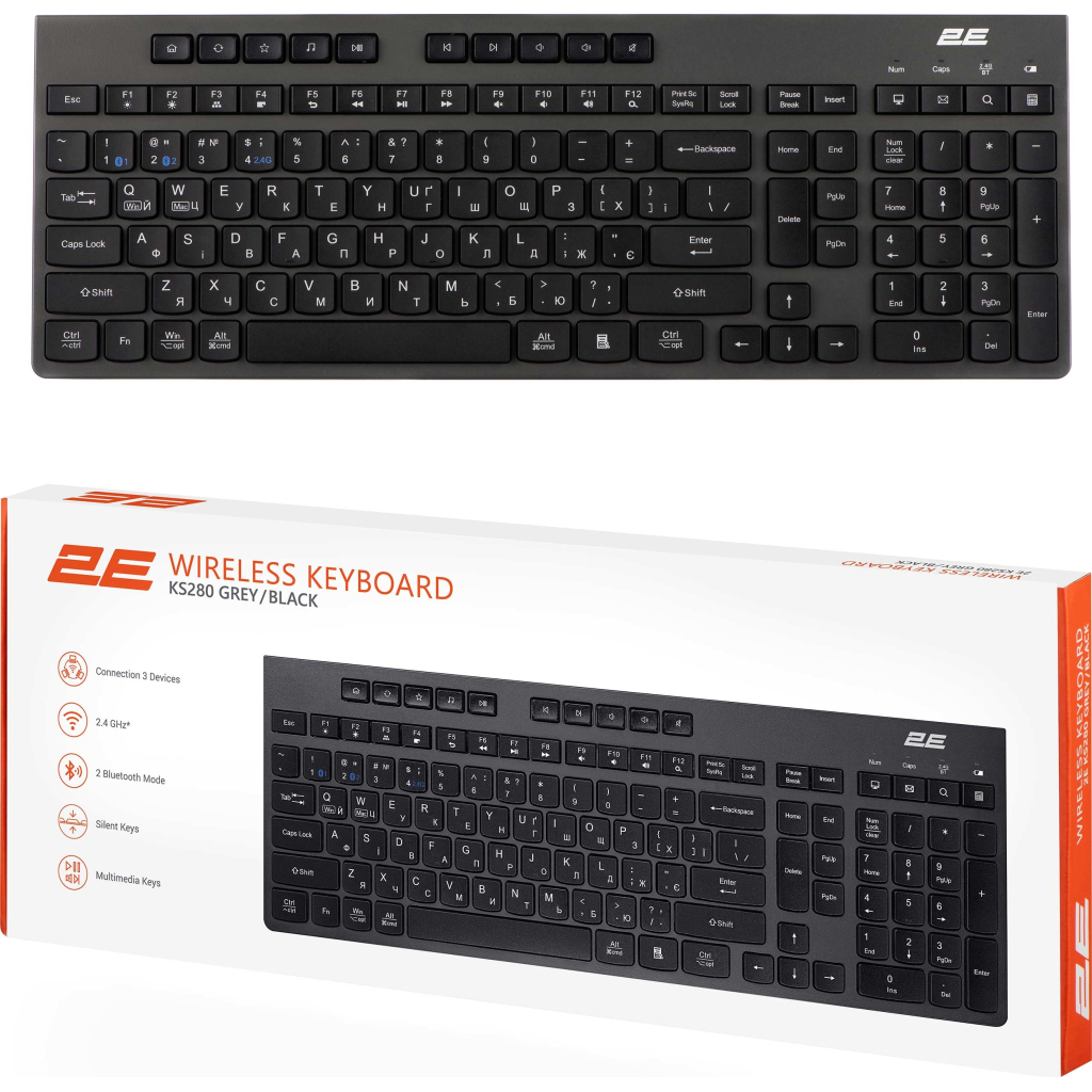 Клавіатура 2E KS280 Wireless/Bluetooth Black-Gray (2E-KS280WBGR_UA) - зображення 10