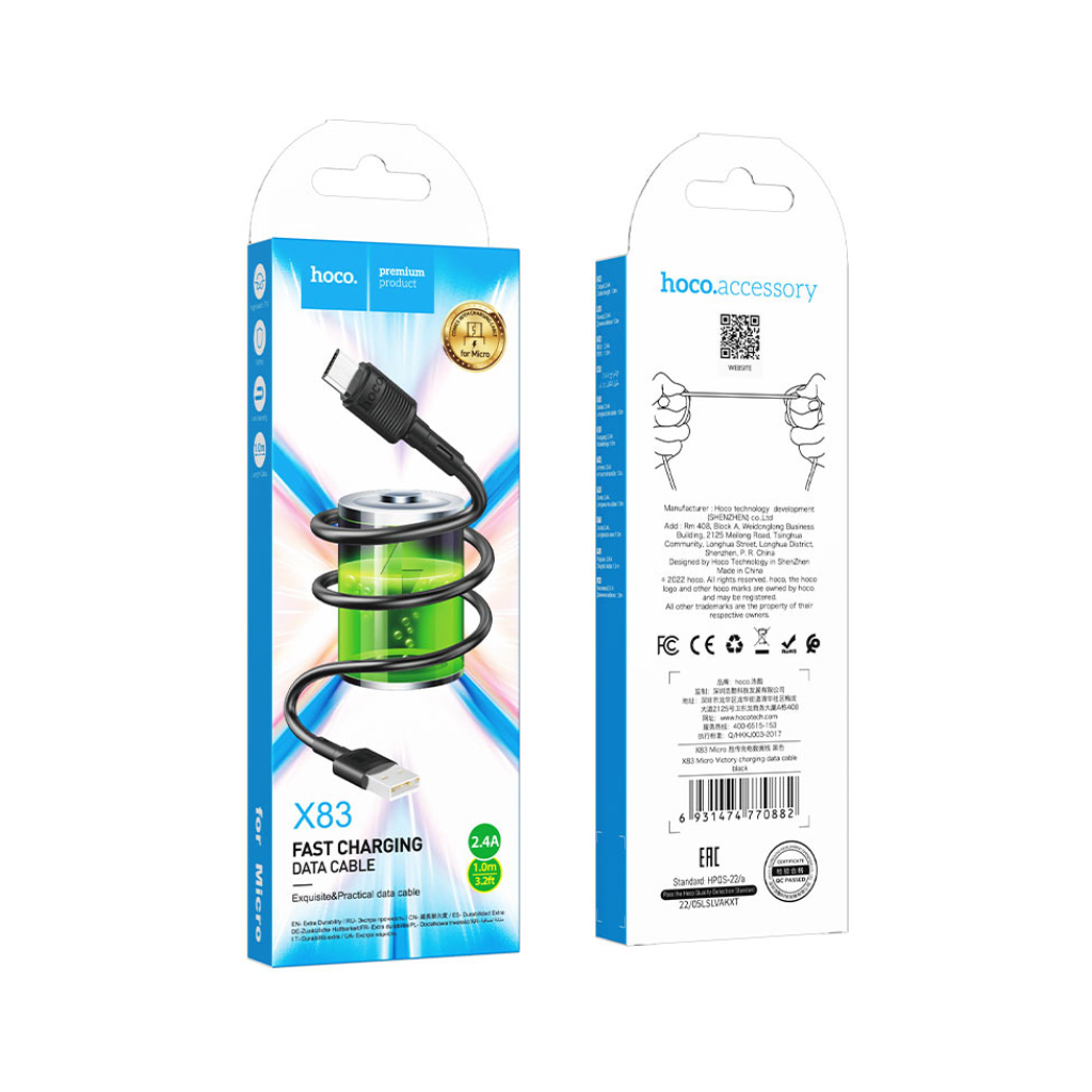 Дата кабель USB 2.0 AM to Micro 5P 1.0m 2.4A PVC X83 black HOCO (6931474770882) - зображення 4