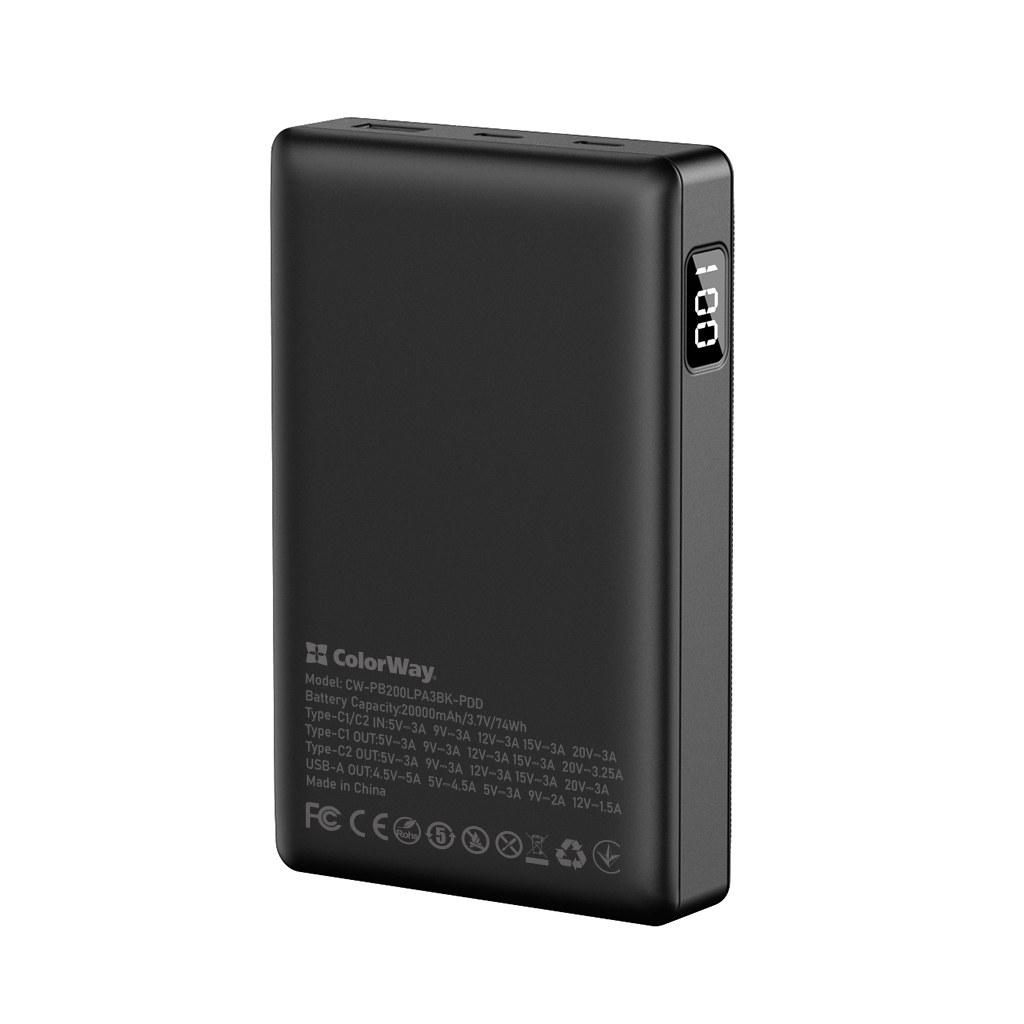 Батарея універсальна ColorWay 20 000 mAh PD/65W, QC/3.0, black (CW-PB200LPA3BK-PDD) - зображення 4