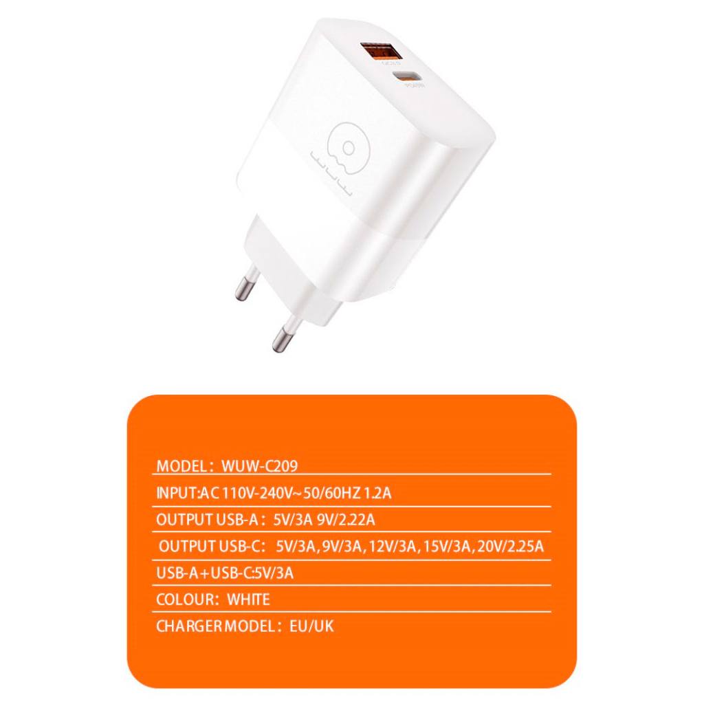 Зарядний пристрій WUW C209 1xUSB-C PD45W + 1xUSB QC3.0 18W White (WUW-C209) - зображення 3