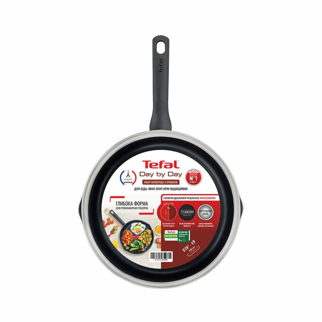 Сковорода Tefal Day by Day 28 см, з кришкою, алюміній, бакеліт, скло, чорний (B5580623UA) - изображение 8