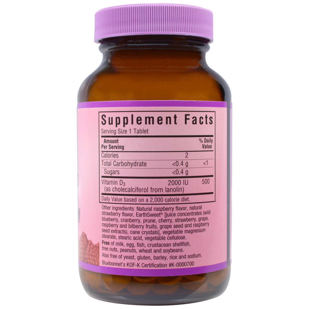 Вітамін Bluebonnet Nutrition Вітамін D3 2000IU, Смак Малини, Earth Sweet Chewables, 90 ж (BLB-00364) - зображення 2