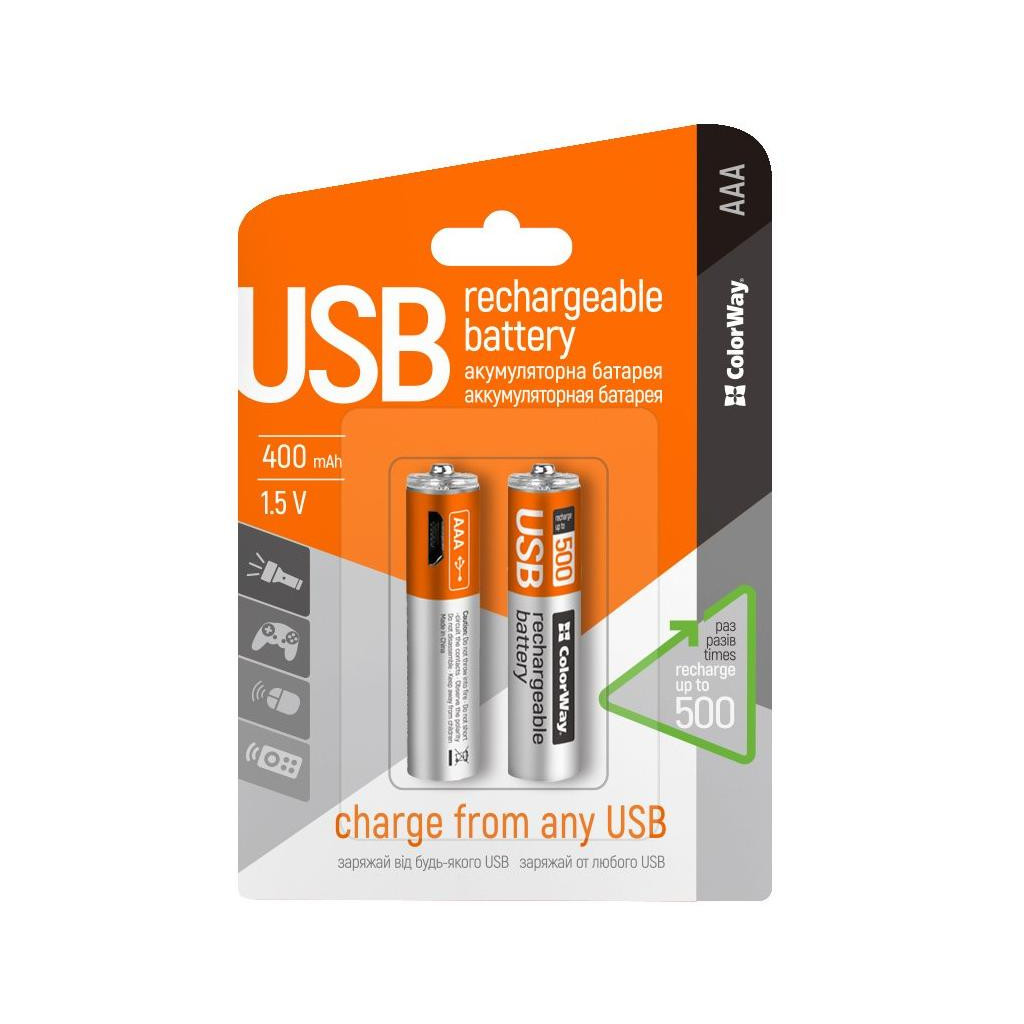 Акумулятор ColorWay AAA USB-micro 400 mAh * 2 (CW-UBAAA-01) - зображення 2