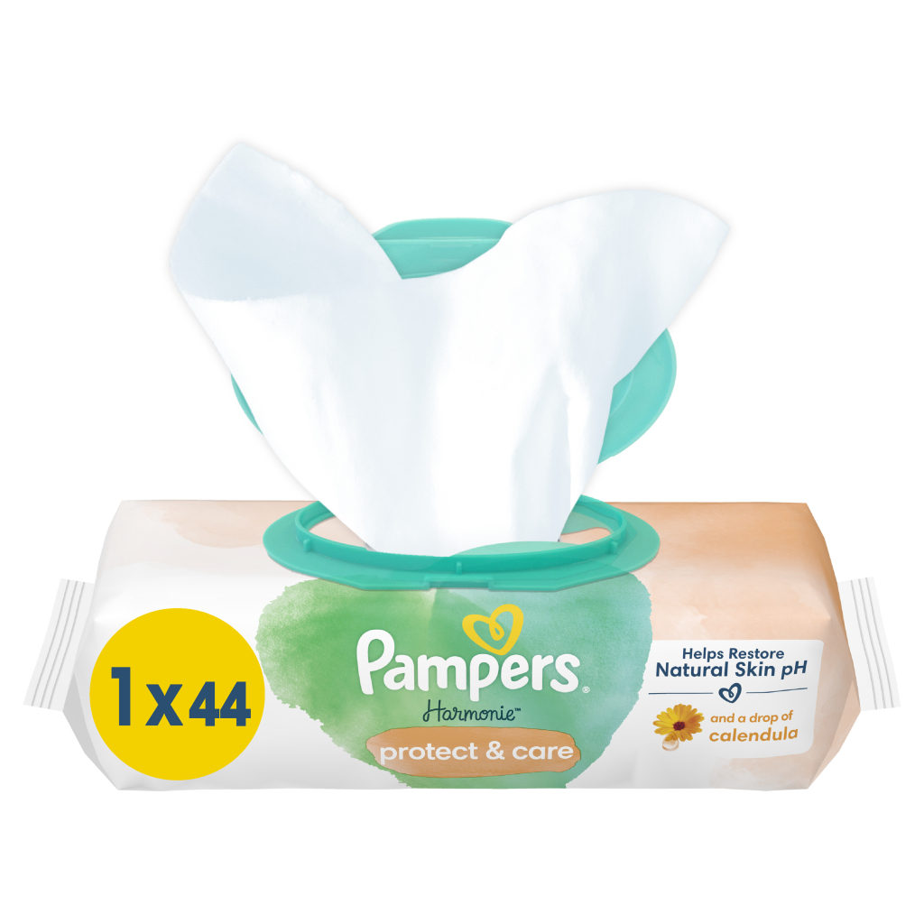 Дитячі вологі серветки Pampers Harmonie Protect&Care з календулою 44 шт (8700216250641) - зображення 1