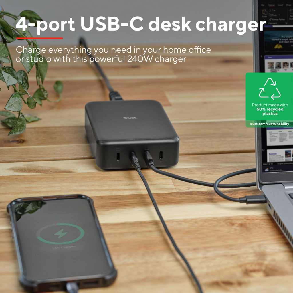Зарядний пристрій Trust Maxo 4xUSB-C PD240W GaN Black (25413_TRUST) - зображення 8
