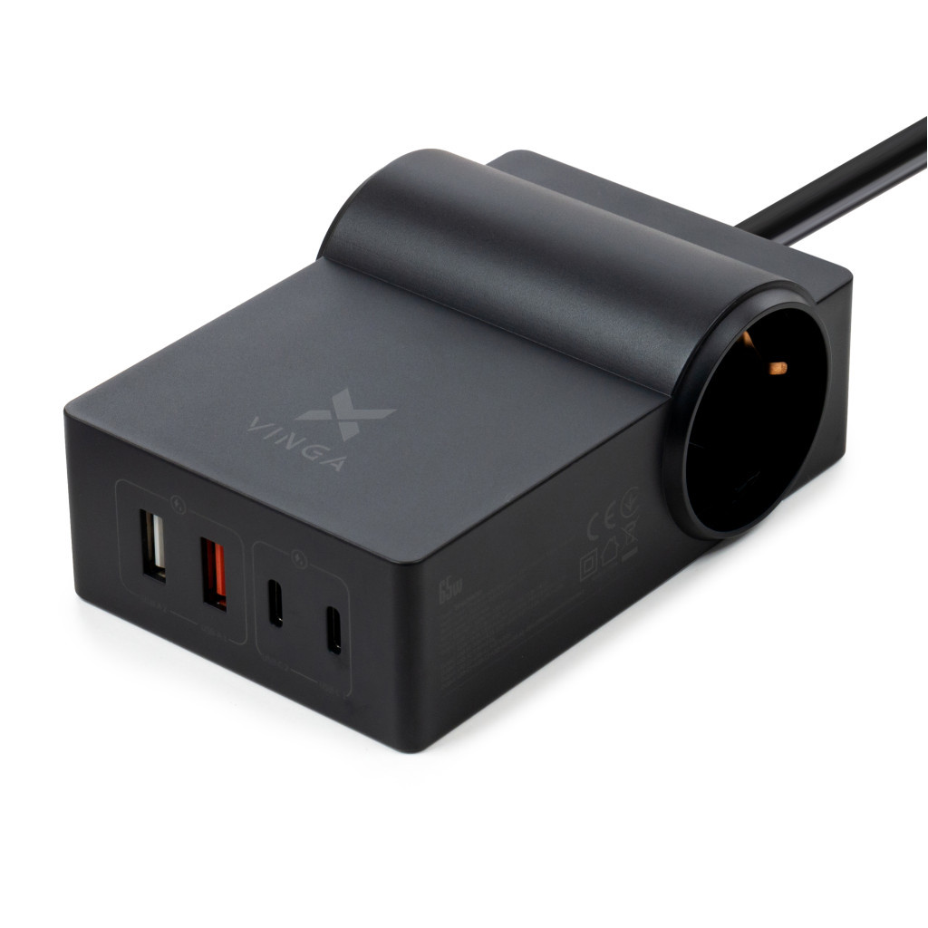 Зарядний пристрій Vinga 65W PD/QC 2xUSB-C+2xUSB-A+2xSchukoF 1.5m CEE7/7 (VCHG2OAC65) - зображення 6