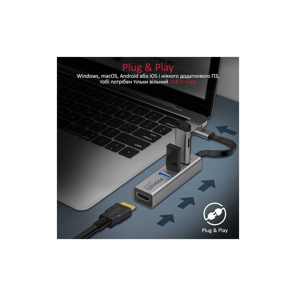 Концентратор Promate USB-C 4-in-1 порти Promate mediahub-c3.grey (mediahub-c3.grey) - зображення 4