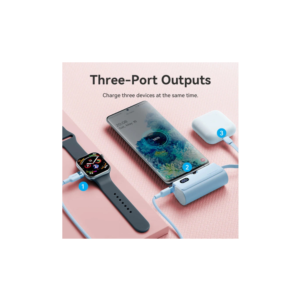 Батарея універсальна VENTION 4800mAh 22,5W PD, USB-C In/Out, LED display, with built-in USB-C cable Blue (FHQL0) - picture 7