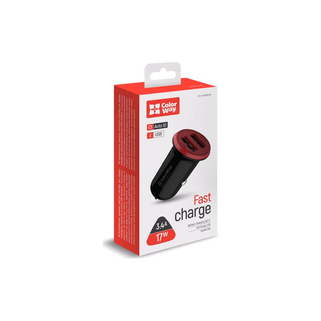 Зарядний пристрій ColorWay 2USB AUTO ID 3.4A (17W) red/black (CW-CHA026-BK) - зображення 4