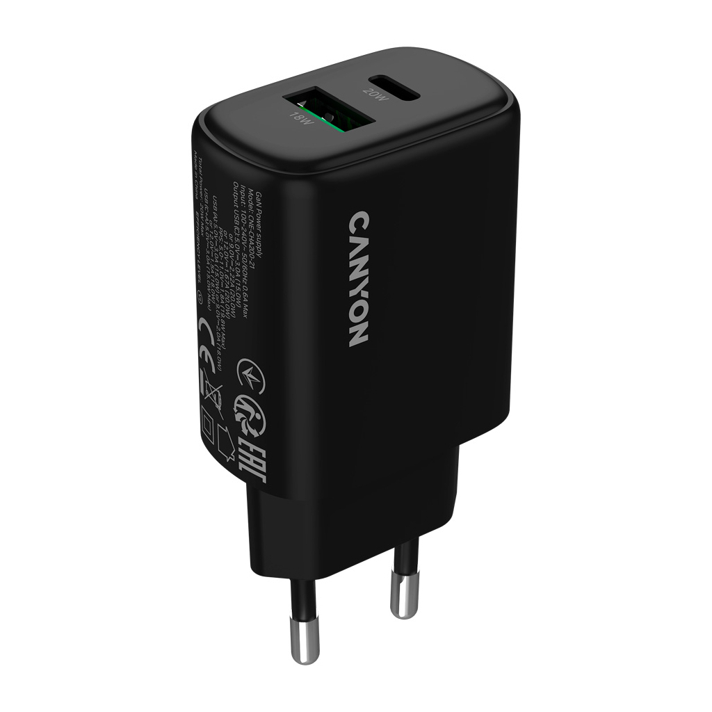 Зарядний пристрій Canyon OnCharge 200 20W 1xPD 1xQC EU Black (CNE-CHA200-31) - зображення 2