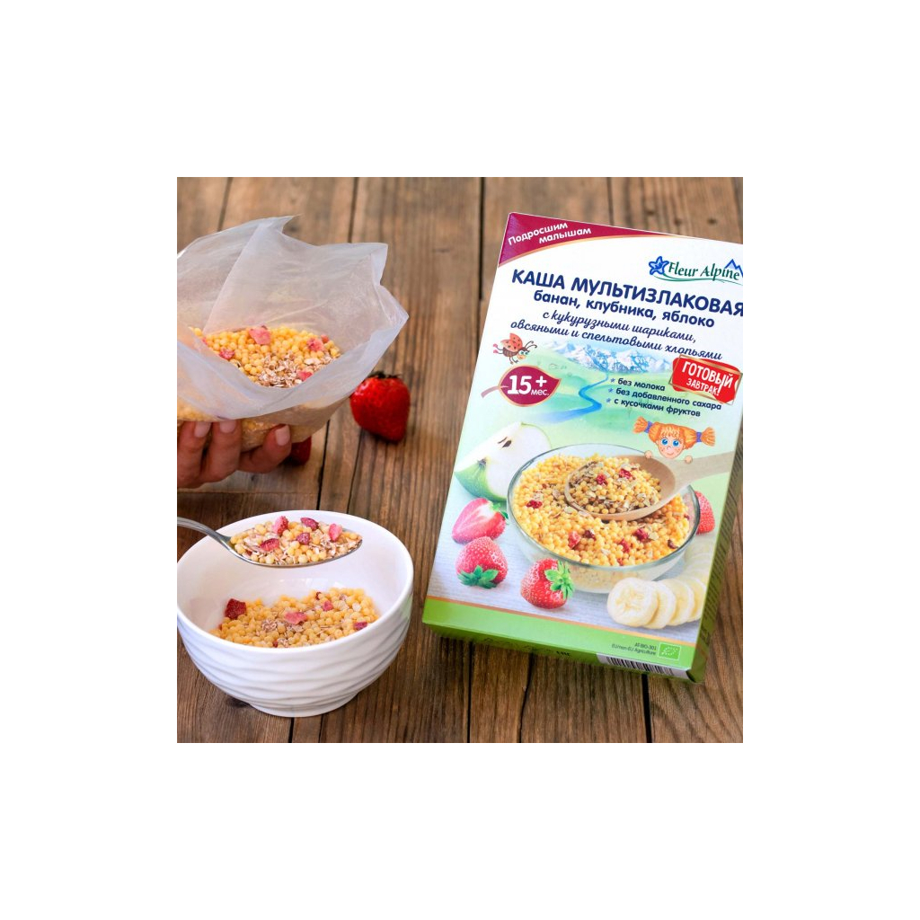 Дитяча каша Fleur Alpine безмолочна Organic Мультизлакова банан-яблуко-полуниця 200 г (9010004508168) - зображення 7