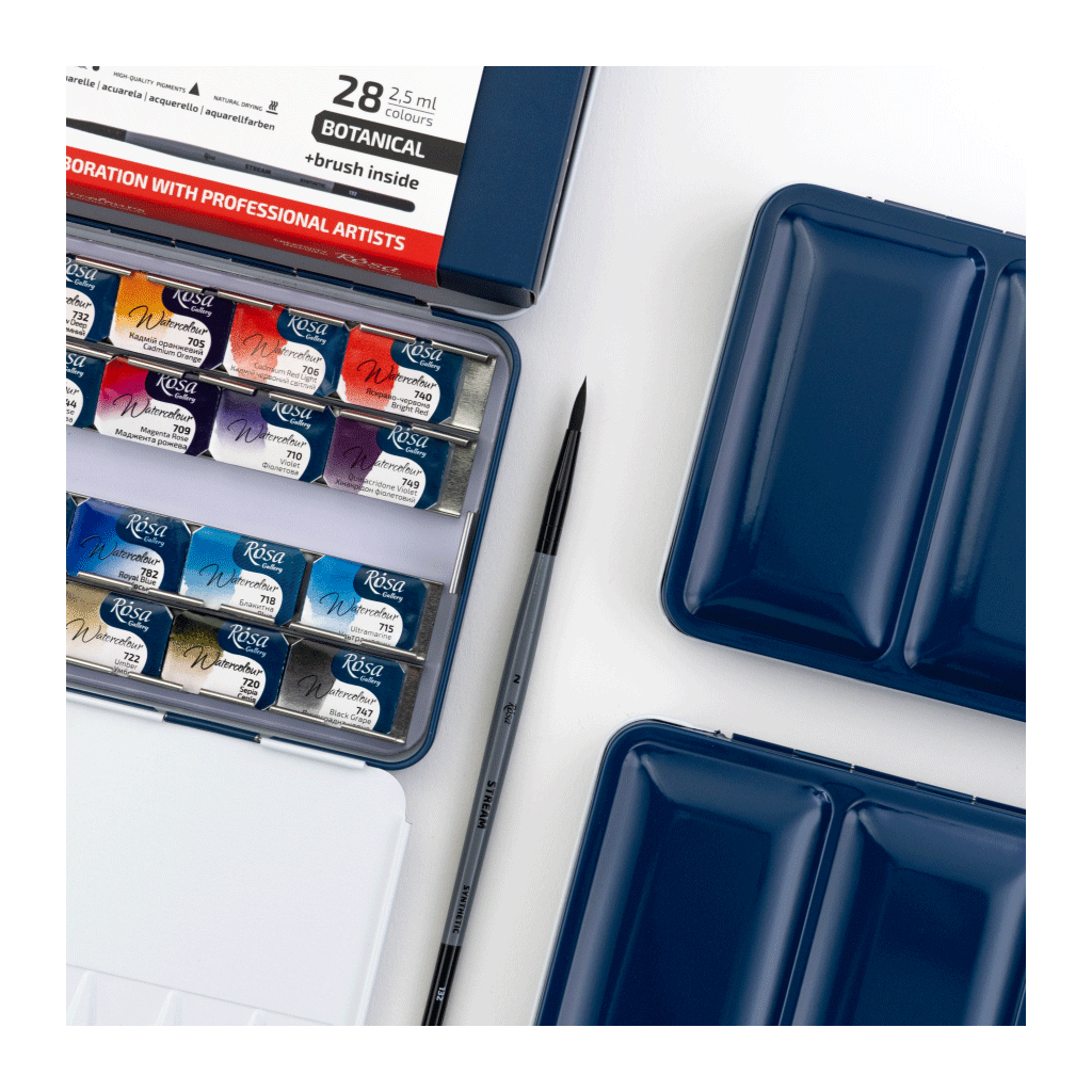 Акварельні фарби Rosa Gallery BOTANICAL 282,5мл з пензлем, кювета Індіго металевий пенал (4823098544791) - picture 3
