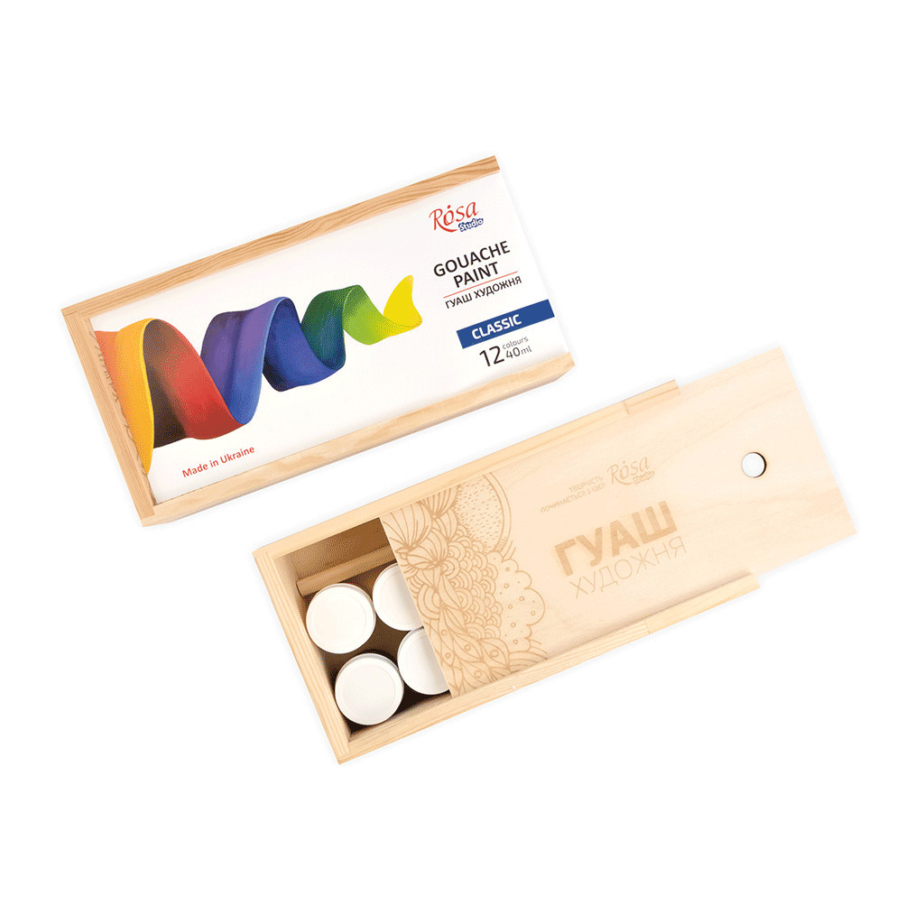 Гуашеві фарби Rosa Studio Classic 12 кольорів по 40 мл, дерев’яний пенал (4823098540625) - зображення 5