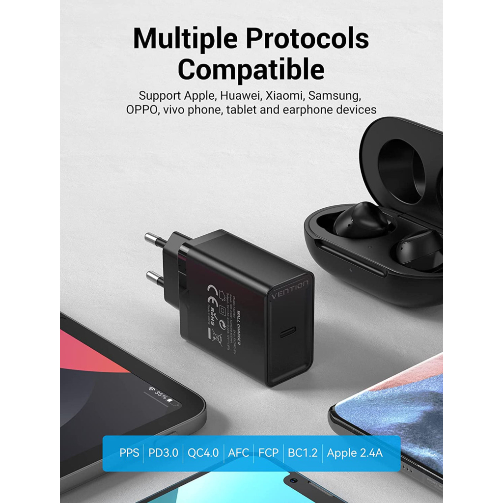 Зарядний пристрій Vention 1xUSB 20W (USB-С) PD black (FADB0-EU) - зображення 4