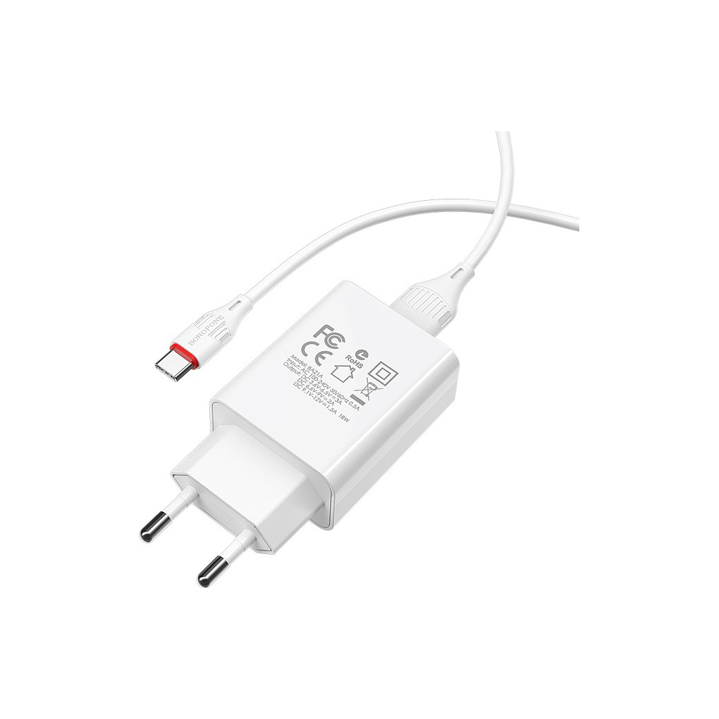 Зарядний пристрій BOROFONE BA21A Long Journey USB QC3.0 + cable USB to USB-C 18W White (6931474702487) - зображення 3