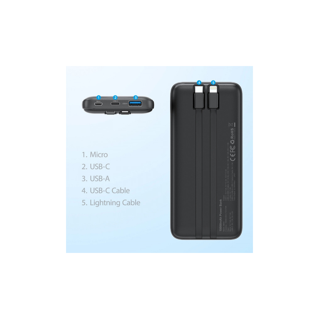 Батарея універсальна Choetech 10000mAh 22,5W, MicroUSB, USB-A, USB-C, build-in USB-C/Lightning cable (B654-BK) - зображення 5