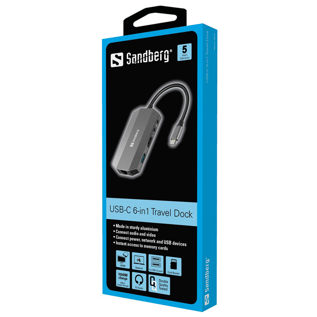 Концентратор Sandberg USB3.1 Type-C to HDMI/USB 3.0x2/RJ45/SD/TF/PD 100W 6in1 (136-33) - зображення 2