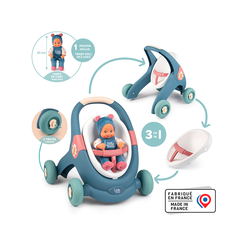 Коляска для ляльок Smoby Little для прогулянок 3в1, з пупсом, синій (140308) - зображення 6
