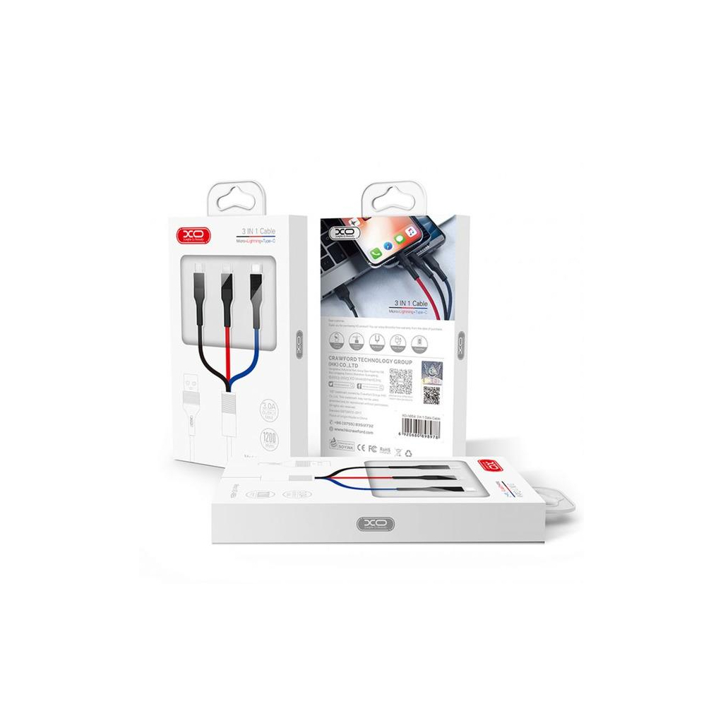 Дата кабель USB 2.0 AM to Lightning + Micro 5P + USB-C 1.2m black XO (XO-NB54-3in1) - зображення 6