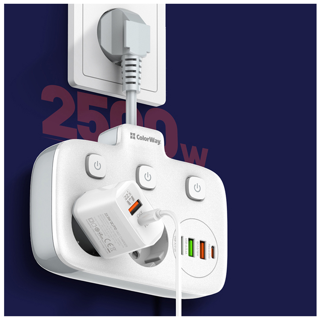 Мережевий фільтр живлення ColorWay CW-CHE24PDW 2 розетки/4USB (CW-CHE24PDW) - зображення 10