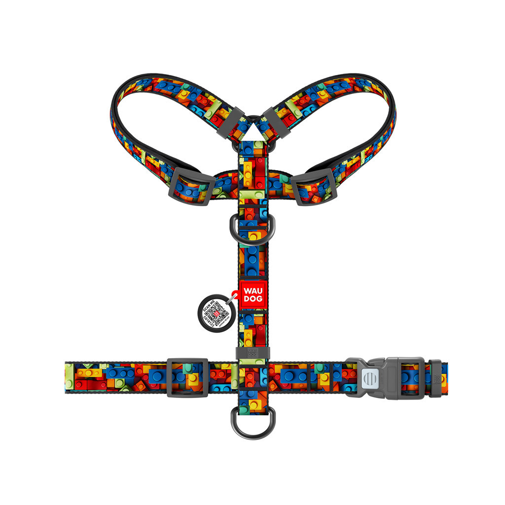 Шлея для собак WAUDOG Nylon з QR-паспортом анатомічна H-подібна "Блоки" пластиковий фастекс S (320-4056) - зображення 2