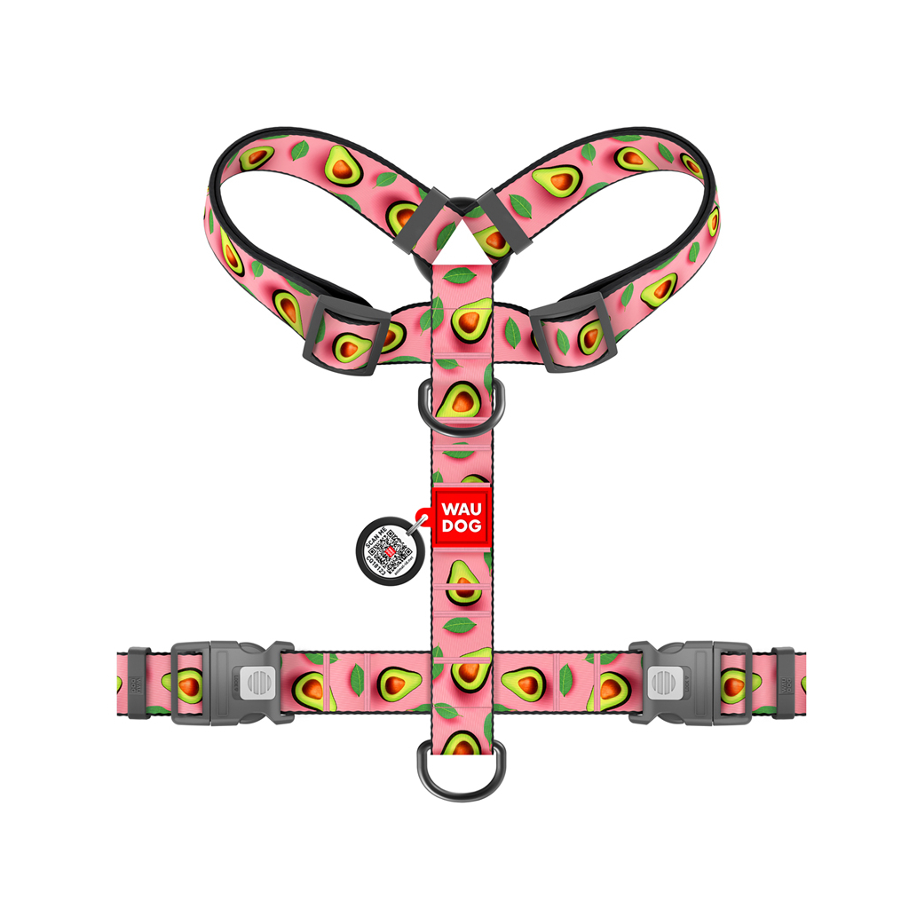 Шлея для собак WAUDOG Nylon анатомічна H-подібна з QR-паспортом "Авокадо на рожевому" пластиковий фастекс, XL (347-4051) - зображення 2