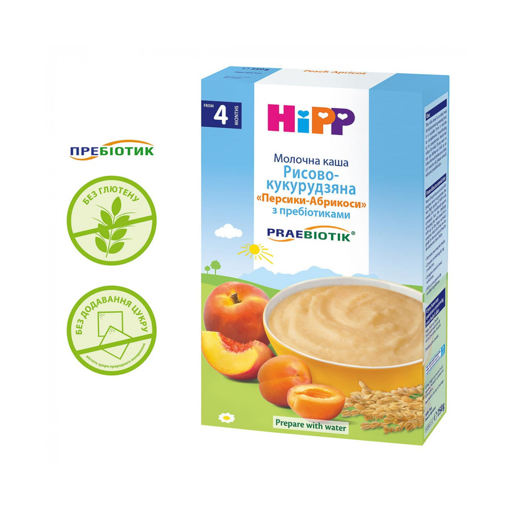 Дитяча каша HiPP молочна Рисово-кукурудзяна Персики-Абрикоси з пребіотиками 250г (9062300140092) - изображение 1