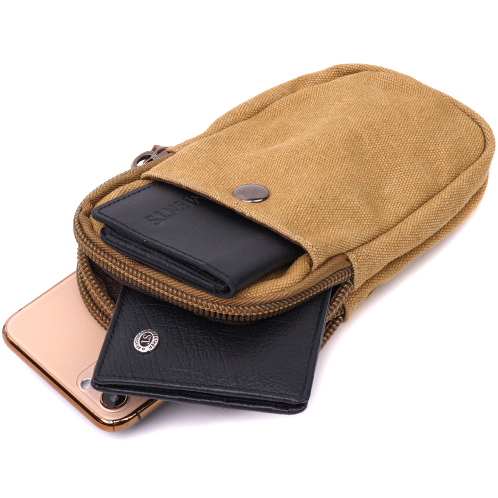 Сумка Vintage Вертикальна на пояс з металевим карабіном з текстилю Пісочна (22227) - зображення 8