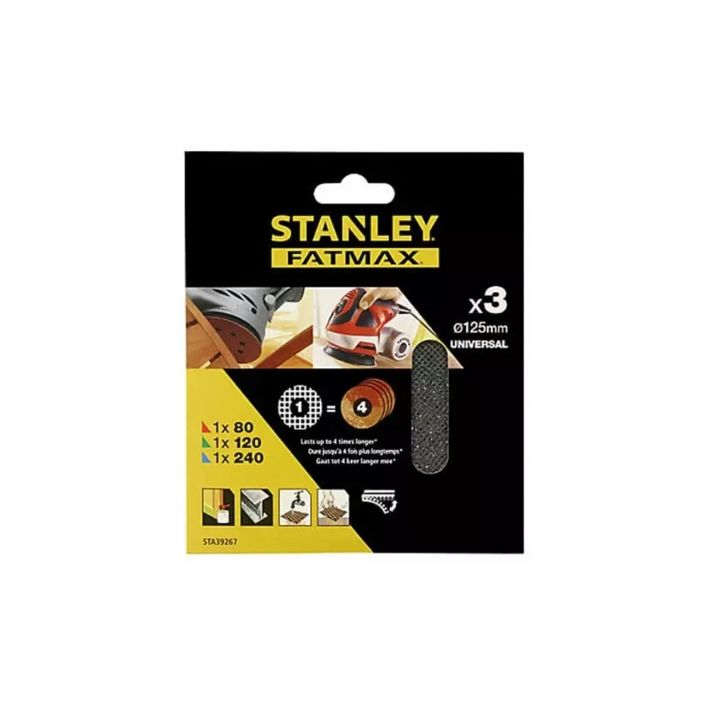 Сітка абразивна Stanley шліфувальна для ексцентрика 125 мм, 3 листа, перетин 80,120,240, для KA198/199/191 (STA39267) - зображення 1