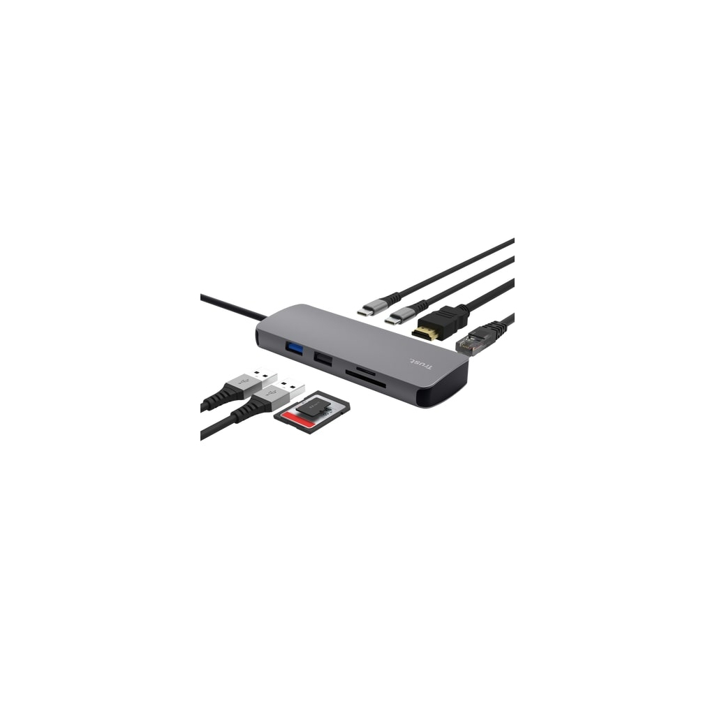 Концентратор Trust USB-C 8-in1 1xUSB-А 3.2/USB-A 2.0/2xUSB-С/HDMI/Ehernet/SD/microSD aluminium 0.15m grey (25672_TRUST) - зображення 1
