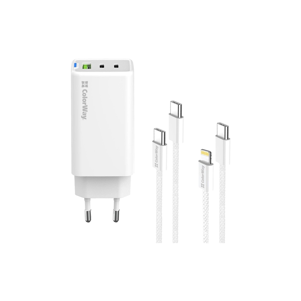 Зарядний пристрій ColorWay GaN Mini 65W PD Port PPS USB (USB-2C1A) cable Type-C&Lightning (CW-CHS058PDCL-WT) - зображення 2