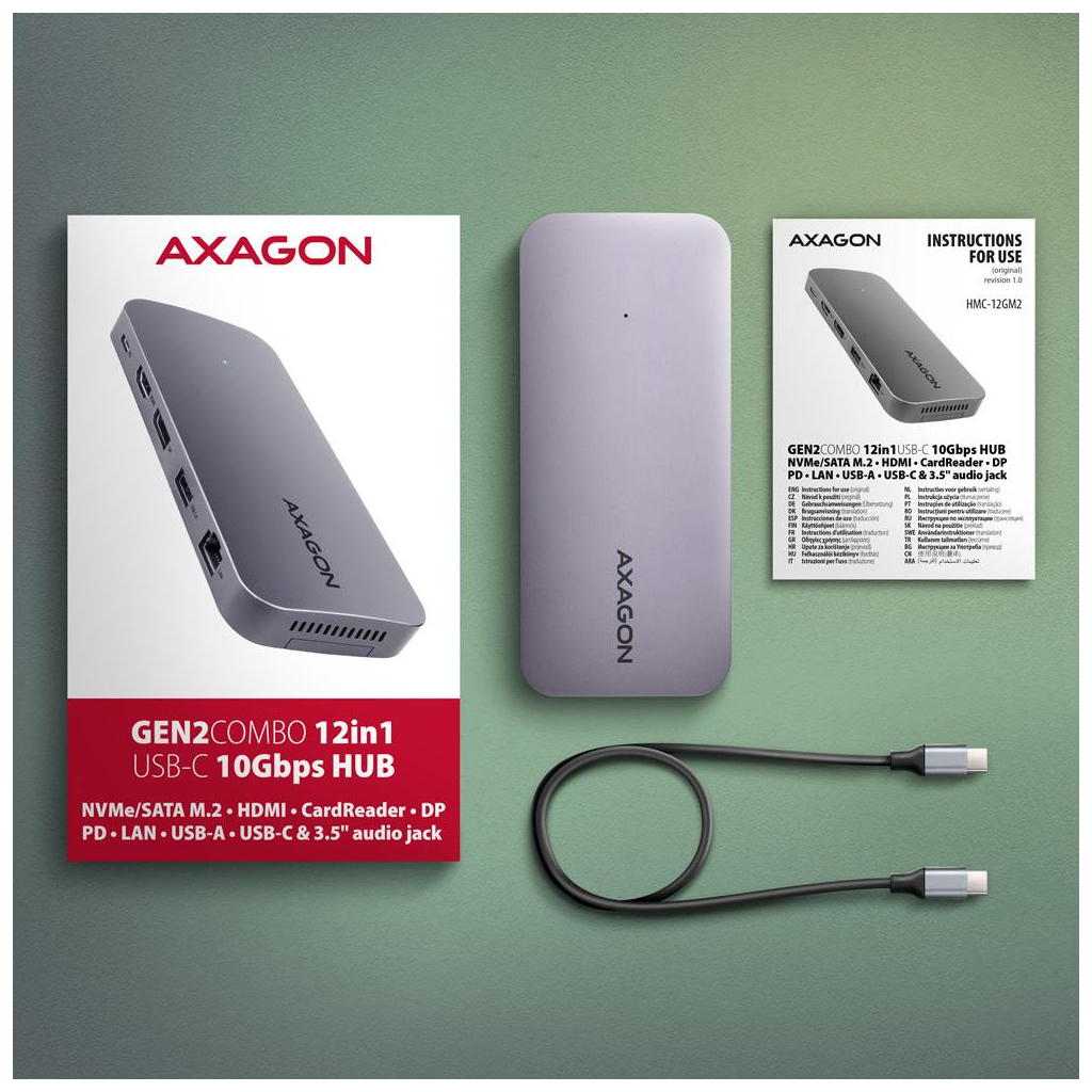 Концентратор AXAGON USB-C 12-in-1 HDMI + DisplayPort + RJ45 1000Mbps + PD100W aluminum gray (HMC-12GM2) - зображення 11