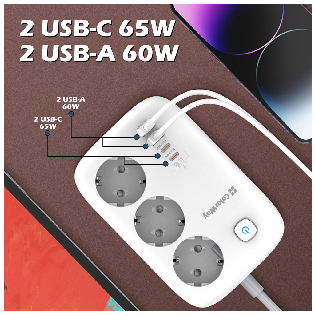 Мережевий фільтр живлення ColorWay CW-CHE34PDW 3 розетки/4USB (CW-CHE34PDW) - зображення 10