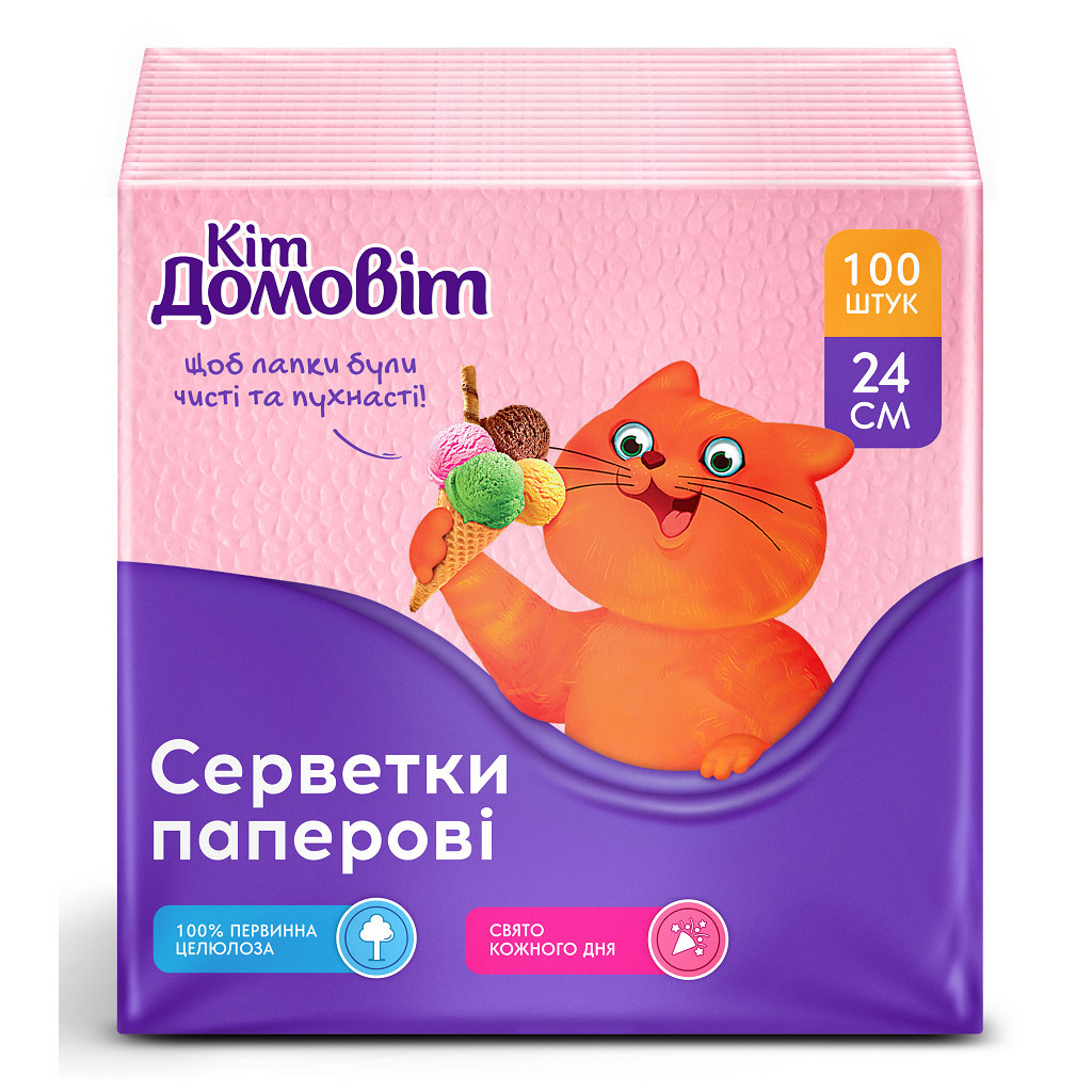 Серветки столові Кіт Домовіт 1 шар 24х24 см Рожеві 100 шт. (4820204405380) - изображение 1