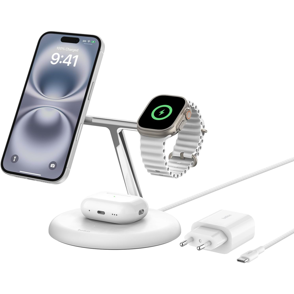Зарядний пристрій Belkin 3in1 Magnetic Adjustable Pad Qi2 15W White (WIZ023VFWH) - зображення 2