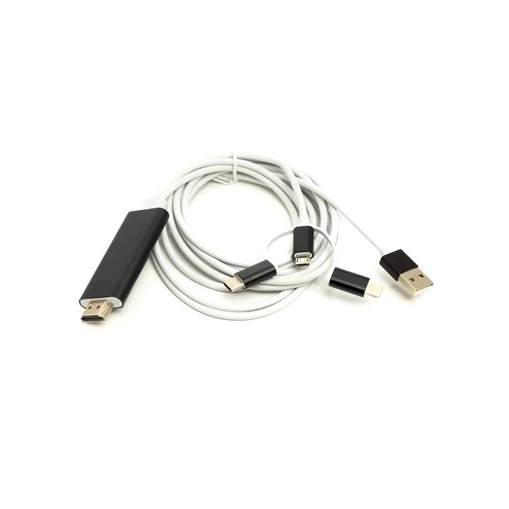 Кабель мультимедійний HDMI (M) to Lightning, Type-C, mirco USB 1.0m PowerPlant (CA911912) - зображення 1