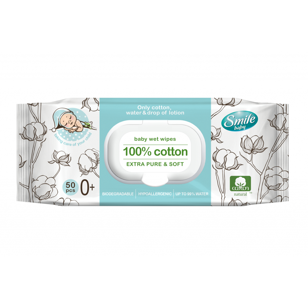 Дитячі вологі серветки Smile baby 100 cotton 50 шт. (42116700) - зображення 1