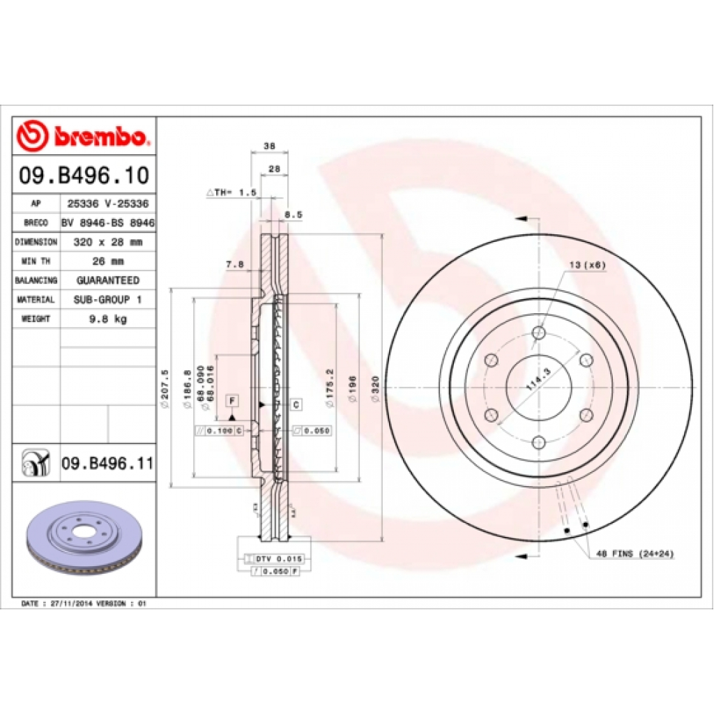 Гальмівний диск Brembo 09.B496.10 - зображення 1