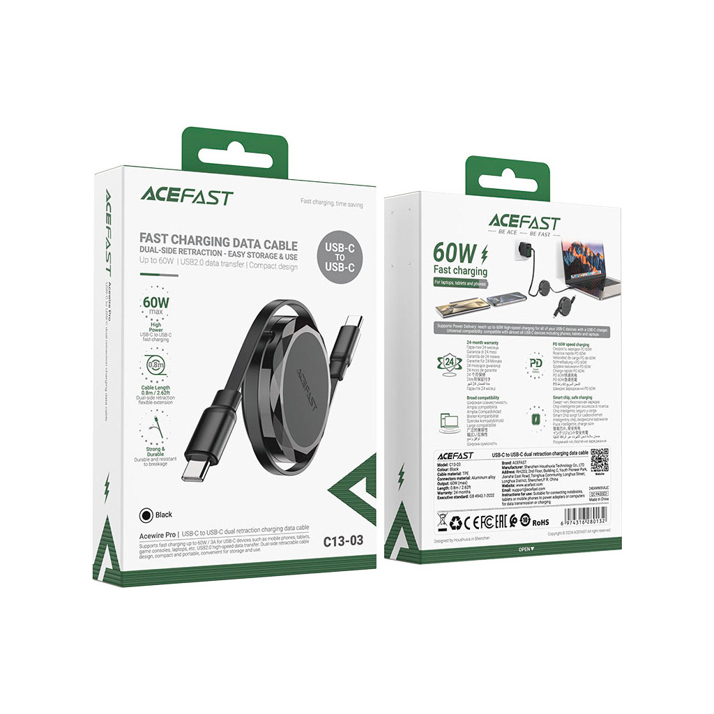 Дата кабель USB-C to USB-C 0.8m 60W dual retraction C13-03 Black Acefast (6974316280132) - зображення 6