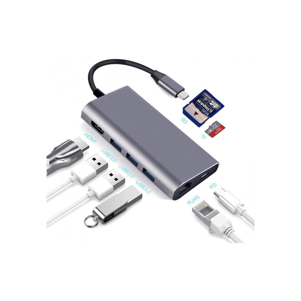 Концентратор Dynamode USB3.1 Type-C to HDMI, 3хUSB3.0, RJ45, USB Type-C Female, SD (Dock-USB-TypeC-HDMI-USB3.0-RJ45) - зображення 4