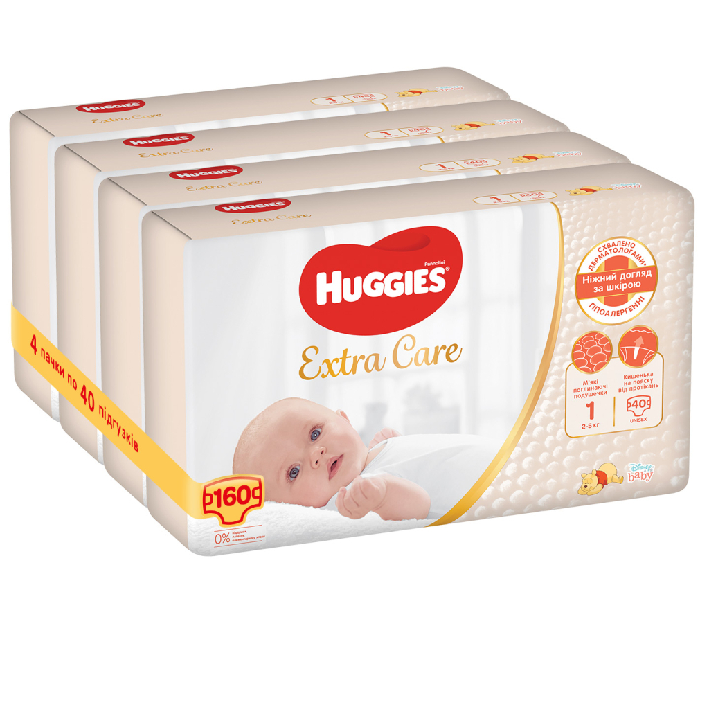 Підгузки Huggies Extra Care Розмір 1 (2-5 кг) Newborn 160 шт. (4*40 шт) (5029054229583) - зображення 2