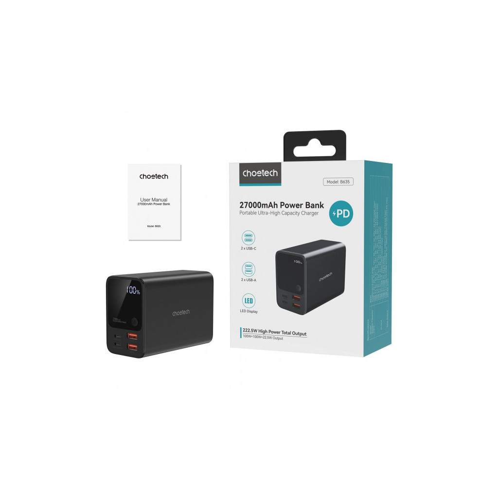 Батарея універсальна Choetech 27000mAh, PD/3.0/100W, USB-C*2/100+100W, USB-A*2/QC3.0/22.5W (B635-BK) - зображення 4