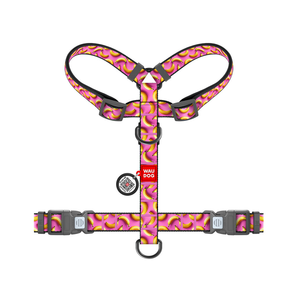 Шлея для собак WAUDOG Nylon анатомічна H-подібна з QR-паспортом "Банани на рожевому" пластиковий фастекс, M (344-4055) - зображення 2