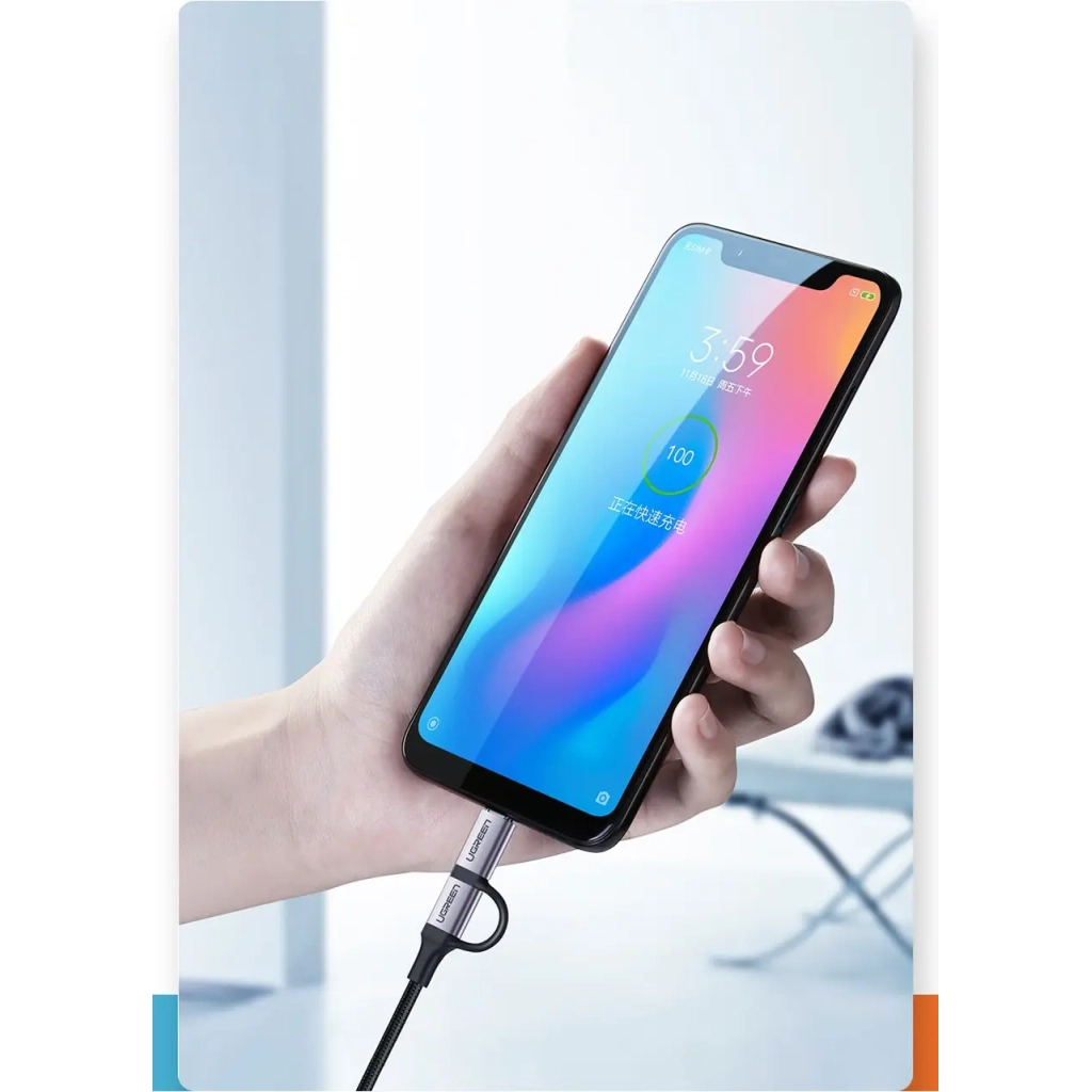 Дата кабель USB 2.0 AM to USB-C + Micro 5P 1.0m 3A US177 black Ugreen (30875) - зображення 3