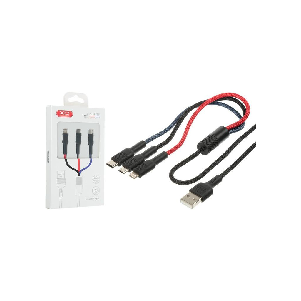 Дата кабель USB 2.0 AM to Lightning + Micro 5P + USB-C 1.2m black XO (XO-NB54-3in1) - зображення 4