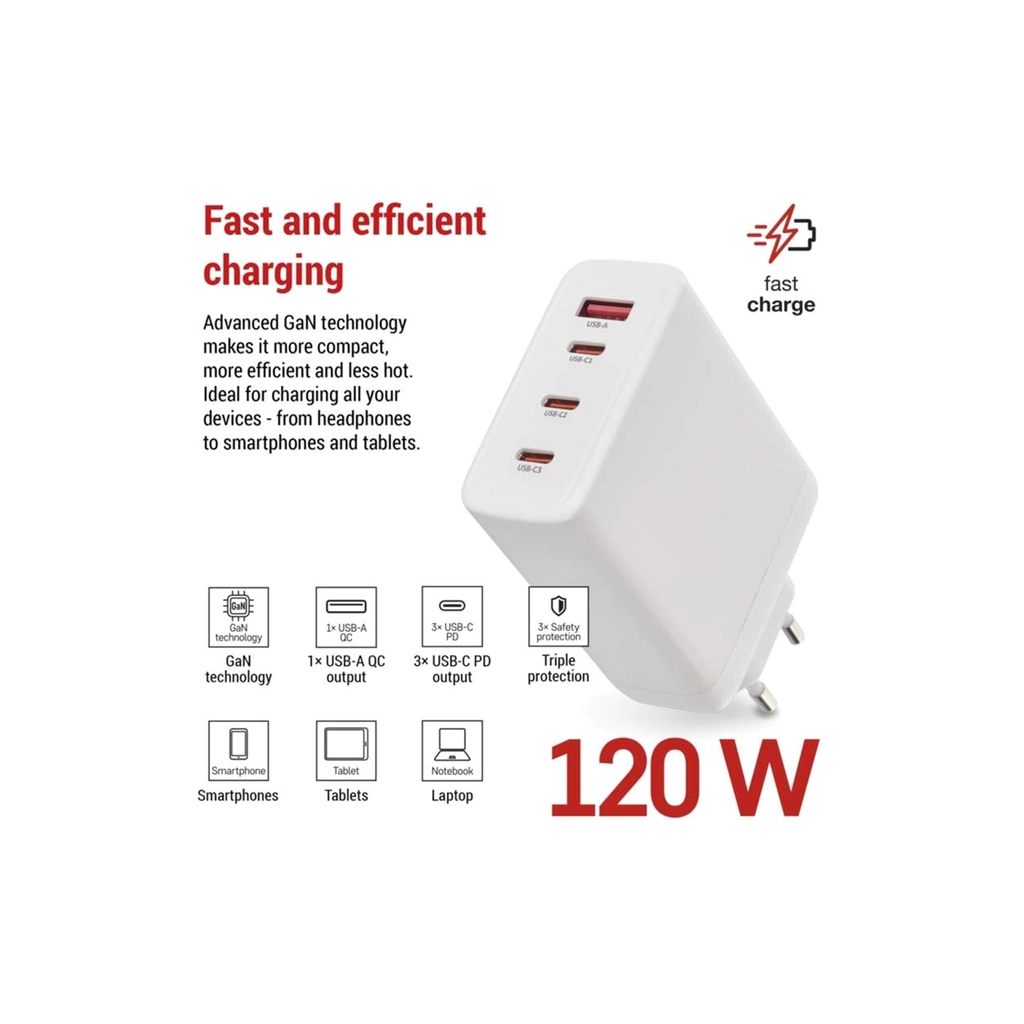 Зарядний пристрій EMOS V06G120 1xUSB-A + 3xUSB-C PD120W GaN (V06G120) - зображення 3