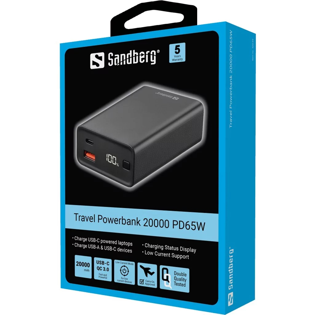 Батарея універсальна Sandberg 20000mAh, PD/65W, QC/3.0, low carrent mode, +cable 100W (420-95) - зображення 3