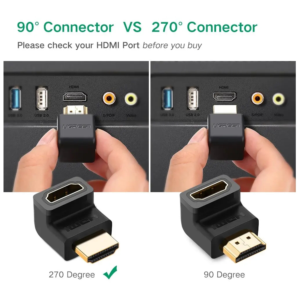 Перехідник HDMI M to HDMI F 90° corner UP HD112 black Ugreen (20110) - зображення 2