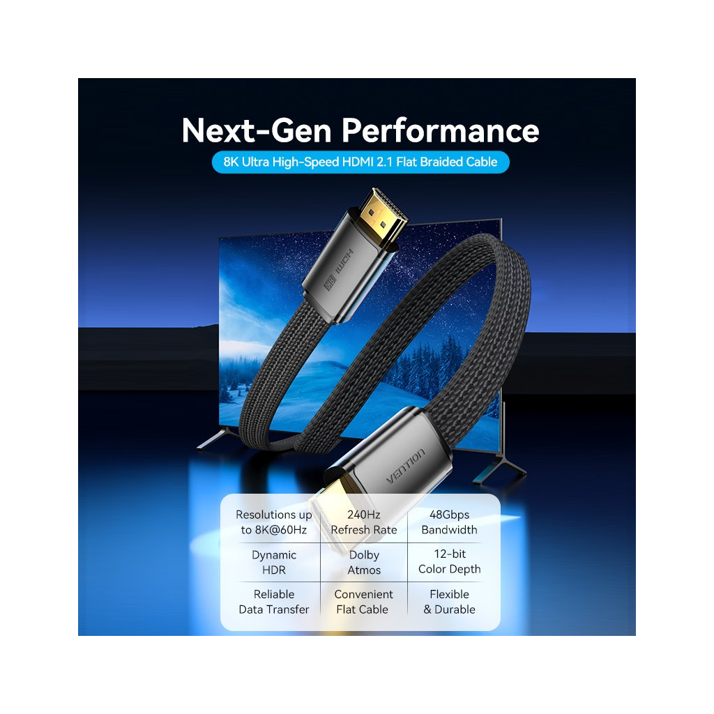 Кабель мультимедійний HDMI M to HDMI M 2.0m V2.1 8K60Hz flat Vention (ALKBH) - зображення 4