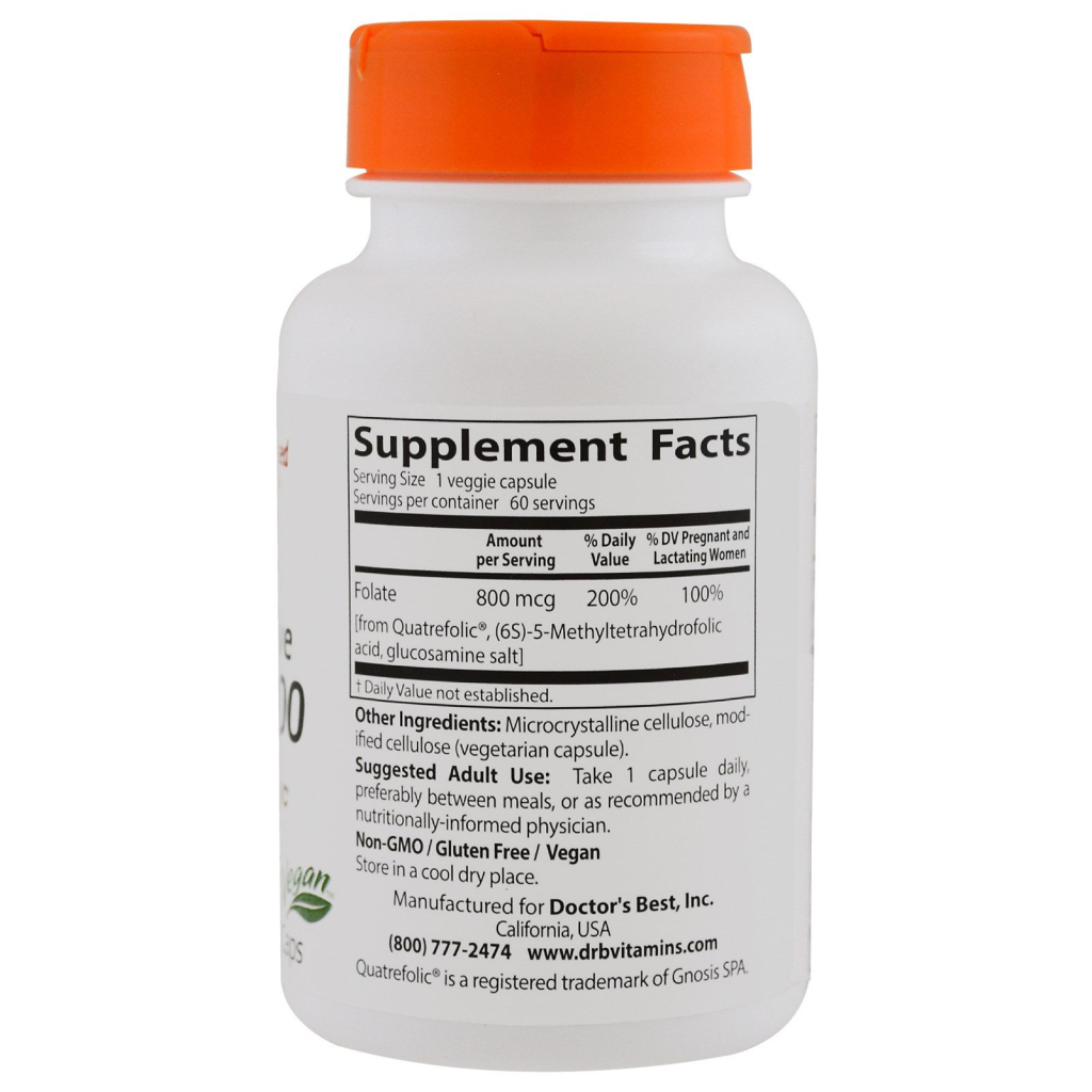 Вітамін Doctor's Best Повністю Активований Фолат 800мкг, Quatrefolic, 60 гелевих капсул (DRB-00458) - зображення 2